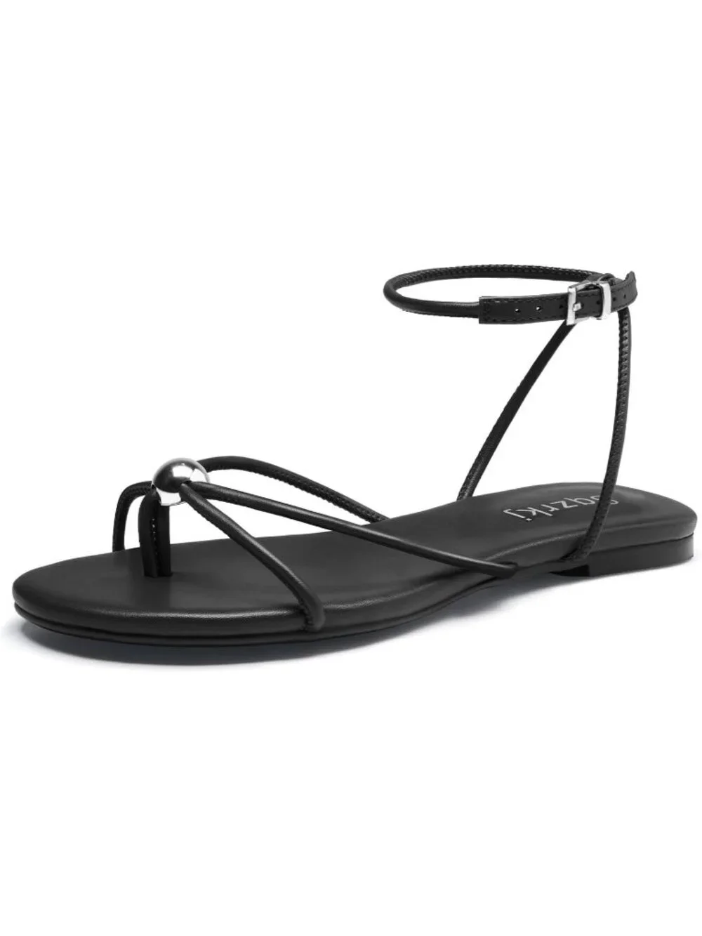 Women's Black Strappy Flat Sandals Open Toe Ankle Strap Thong Summer Shoes